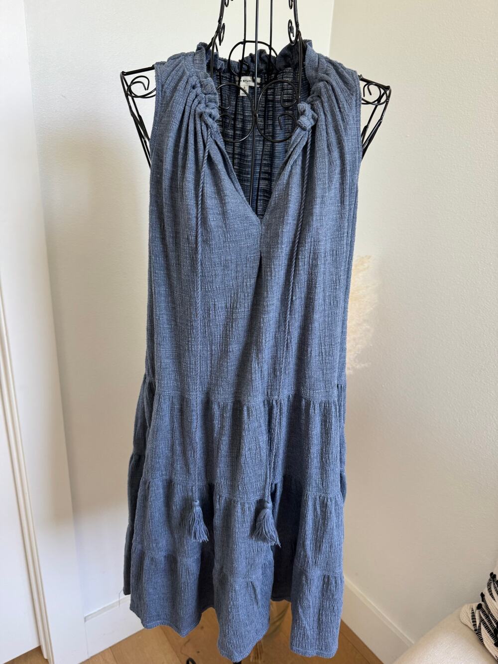 Max Studio Blue Sleeveless Tiered V- Neck Tassel Sun Dress Small